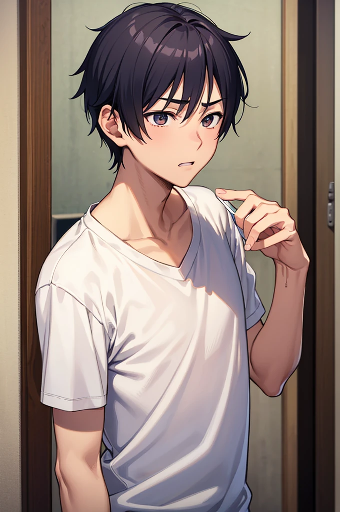 cool,,,,Refreshing athletic guy,,,boy,charm,Action,Vibrancy,Japanese high school student style,Magazine talent style,clavicle,thin limbs,Male Focus,main character,Buddy,Gentle Breeze,Dust,Natural light,Big white shirt,face,hand,eye,Her personality is pure and cute,Biologically correct、