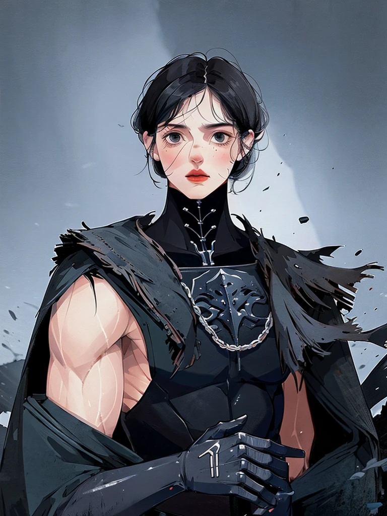 (half body), 1 man, duke, short hair,black hair, Black eyes, Strong body, Six pack, cold, Battlefield backdrop,