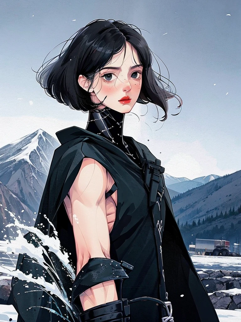 (half body), 1 man, duke, short hair,black hair, Black eyes, Strong body, Six pack, cold, Battlefield backdrop,