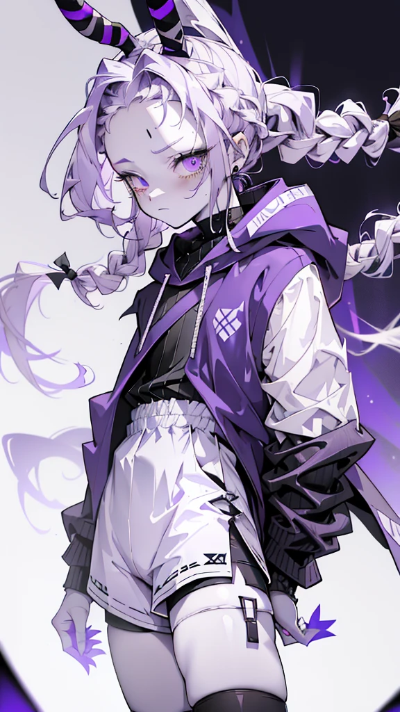 boy rabbit thoughtful look open forehead. white and purple hair braided in a ponytail on the left side to one side. sinuous black horns wrapped in dark purple ribbon. pale violet eyes. in short dark purple shorts. long white T-shirt. dark purple knee-high socks. white long cloak with hood inside. stone walls purple light from lamps