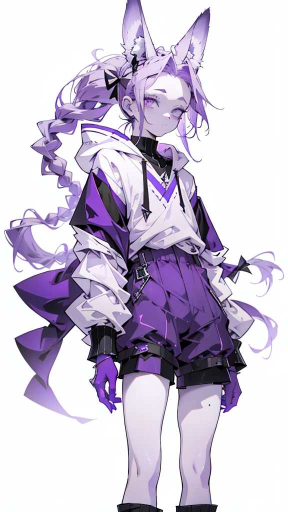 boy rabbit thoughtful look open forehead. white and purple hair braided in a ponytail on the left side to one side. sinuous black horns wrapped in dark purple ribbon. pale violet eyes. in short dark purple shorts. long white T-shirt. dark purple knee-high socks. white long cloak with hood inside. stone walls purple light from lamps
