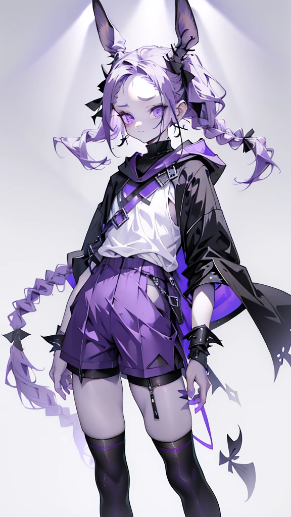 boy rabbit thoughtful look open forehead. white and purple hair braided in a ponytail on the left side to one side. sinuous black horns wrapped in dark purple ribbon. pale violet eyes. in short dark purple shorts. long white T-shirt. dark purple knee-high socks. white long cloak with hood inside. stone walls purple light from lamps