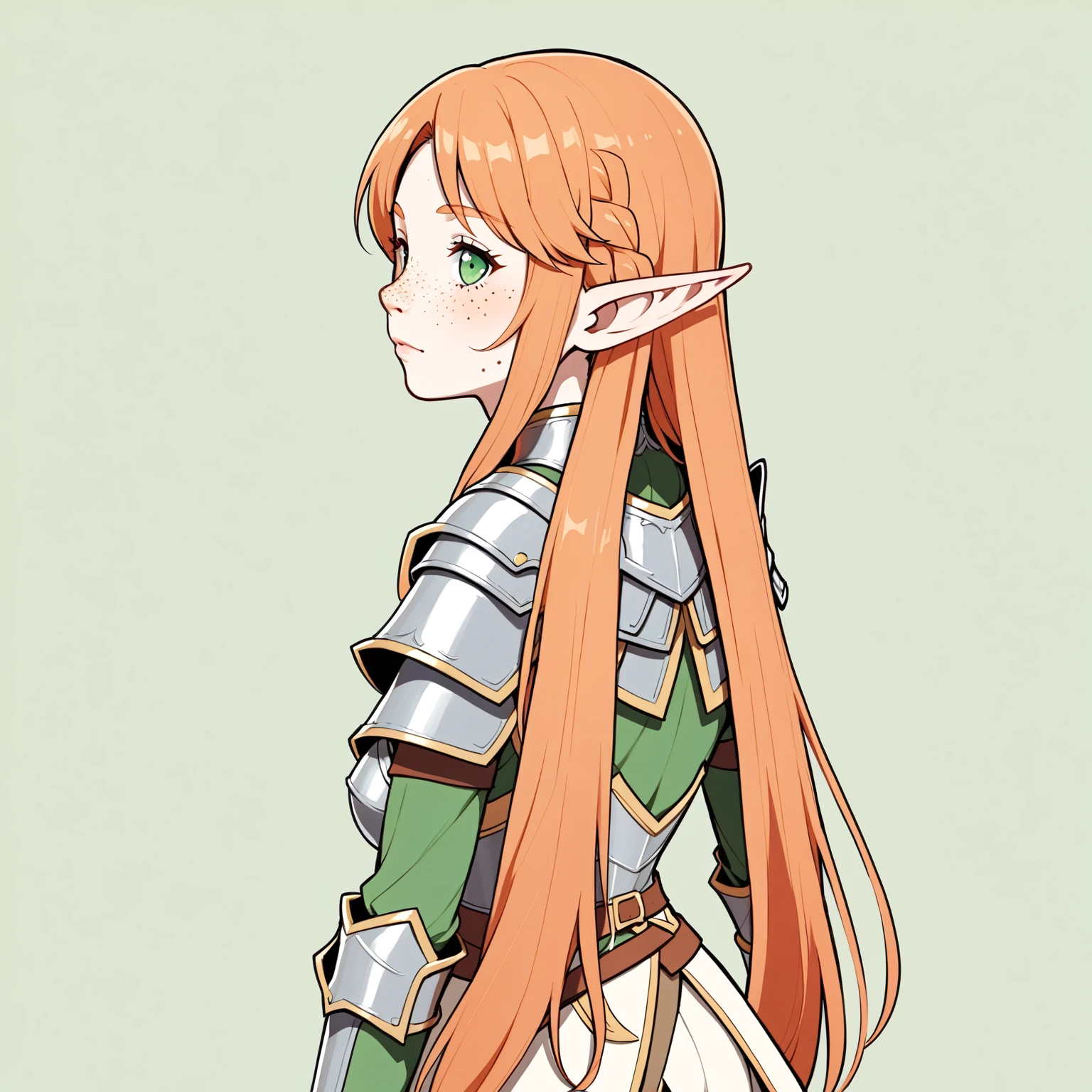 (The same character,front,side,back),Simple background,(whole body)girl,Orange hair,Self-made roll,Long hair,Green eyes,Look straight ahead,Freckles on the face,Armor,Elf ears,whole body