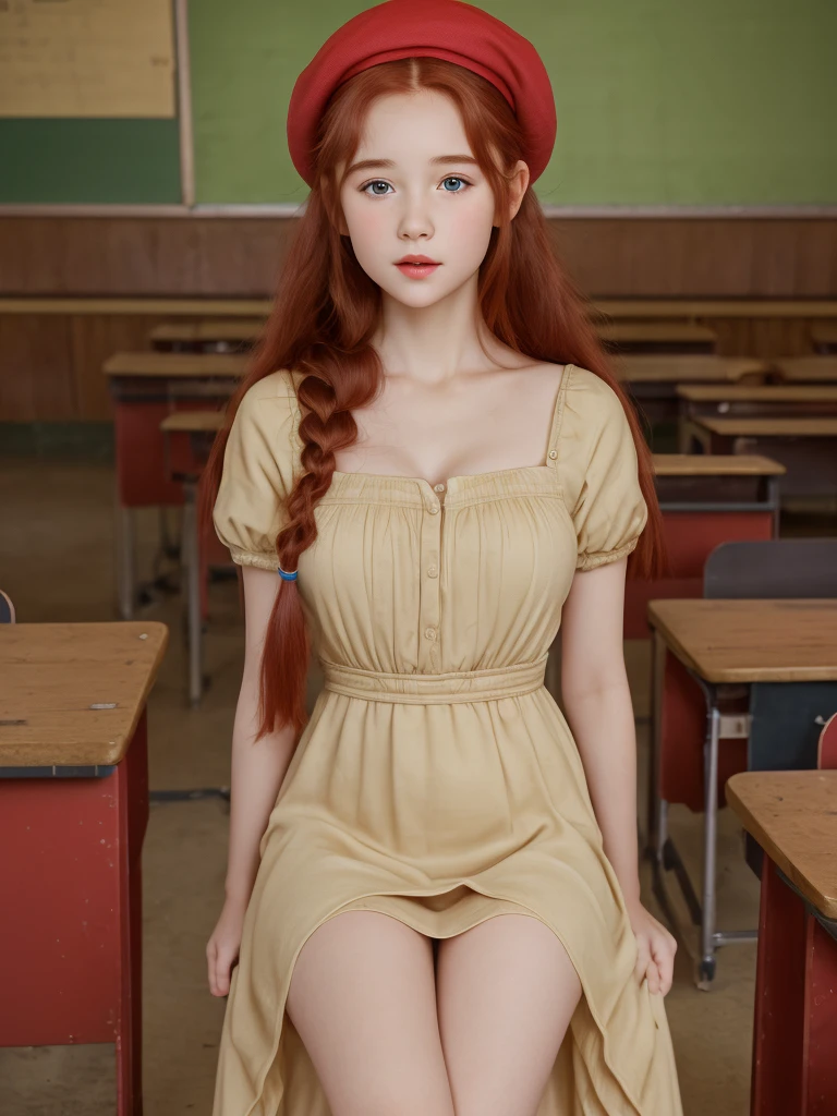 (best quality,4k,8k,highres,masterpiece:1.2),ultra-detailed,(realistic,photorealistic,photo-realistic:1.37), ((a girl in classroom, she wears long dress and beret, shy, braided red hair, pale skin)), ((slim body, very large bust size for her young age))