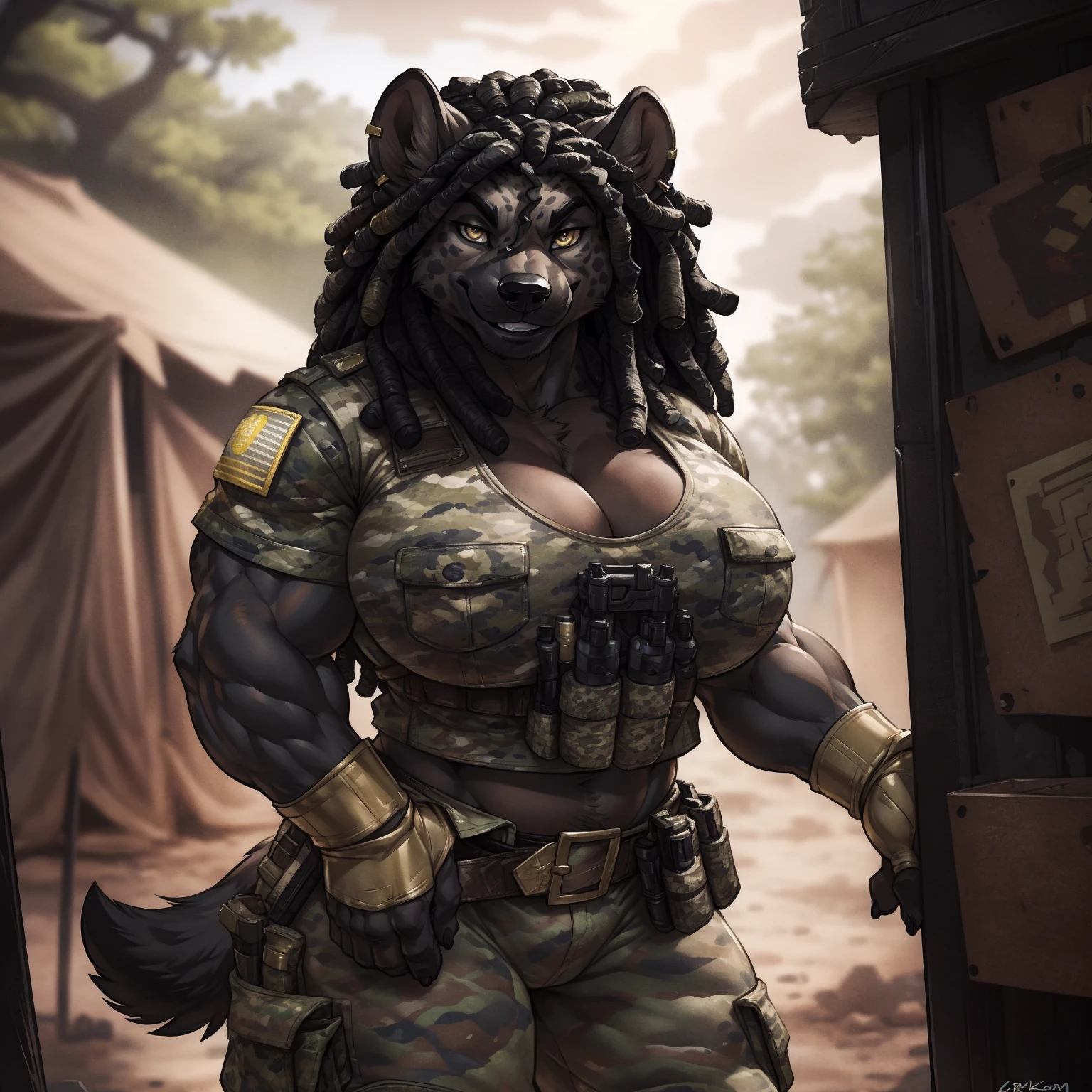 solo, 1girl, hyena, female, broad shoulders, stocky build, buff, muscular, large breasts, dreadlocks, black hair, gold eyes, highly detailed eyes, Amazon, powerful figure, wearing camouflage_uniform, (monochrome uniform:1.2), military camp, rolled sleeves, shirt, cleavage, standing upright, (arms folded), combat boots, full body, pleasant smile, looking at viewer, realistic lighting, by darkgem, by wfa, by gideon,