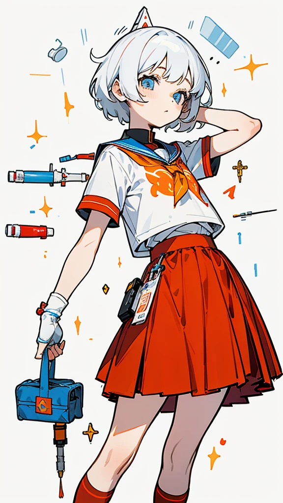 Create an illustration of a 12-year-old girl named Gita. She is a female student wearing her elementary , consisting of a white shirt and a red skirt. Gita is holding an insulin syringe in her hand and is posed while injecting it into her arm. The scene should depict her bravery and determination, reflecting her ability to manage her condition with confidence. The background can be a simple, classroom setting to emphasize her status as a student.