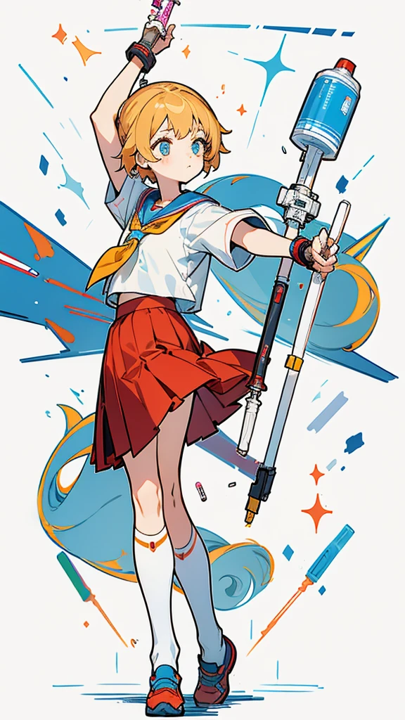 Create an illustration of a 12-year-old girl named Gita. She is a female student wearing her elementary , consisting of a white shirt and a red skirt. Gita is holding an insulin syringe in her hand and is posed while injecting it into her arm. The scene should depict her bravery and determination, reflecting her ability to manage her condition with confidence. The background can be a simple, classroom setting to emphasize her status as a student.