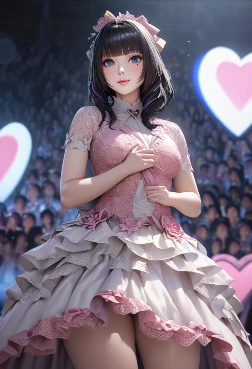 One Girl、Looking at the audience、Her name is Mei,
Beautiful Blue Eyes、Black hair、Pink streaked hair, bangs, Mole under the eye、Plump and glossy lips、Heart-shaped choca、Idol、smile、ー、。.。.。.。.。.。.。.。.。.。.。.。.。.。.。.。.。.。.3D、Realistic、
Sexy dress with too many frills、Drape clothes、gem、The decoration has been removed、Floral、Lace trim、bright stage、
masterpiece、highest quality、8k、Detailed skin texture、Detailed cloth texture、Beautifully detailed face、Intricate details、Very detailed、
超A high resolution、8K Ultra HD、Film Grain、Best Shadow、delicate、Staring at the audience、front