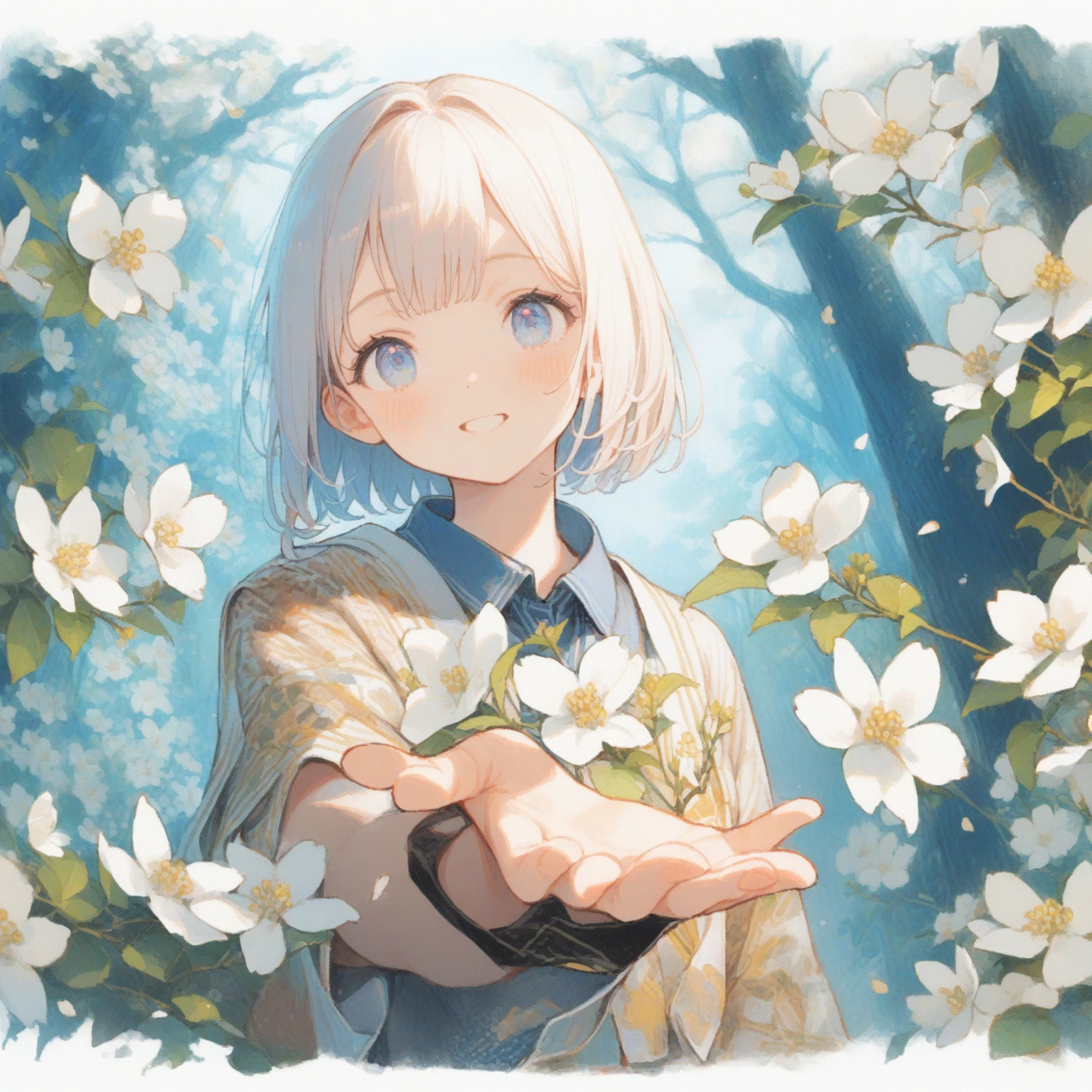 1girl、White Cornus kousa、4 white petals、In the forest of dogwoods、Hold your hand out towards the screen、「Friendship」、Japanese dogwood、tegaki