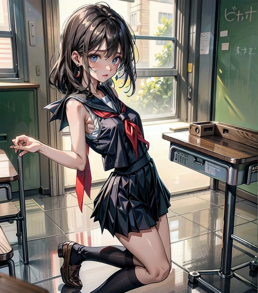 full body, earring, medium hair, medium tits, tearful mole, school_uniform, sailor uniform, sleeveless, school, classroom,