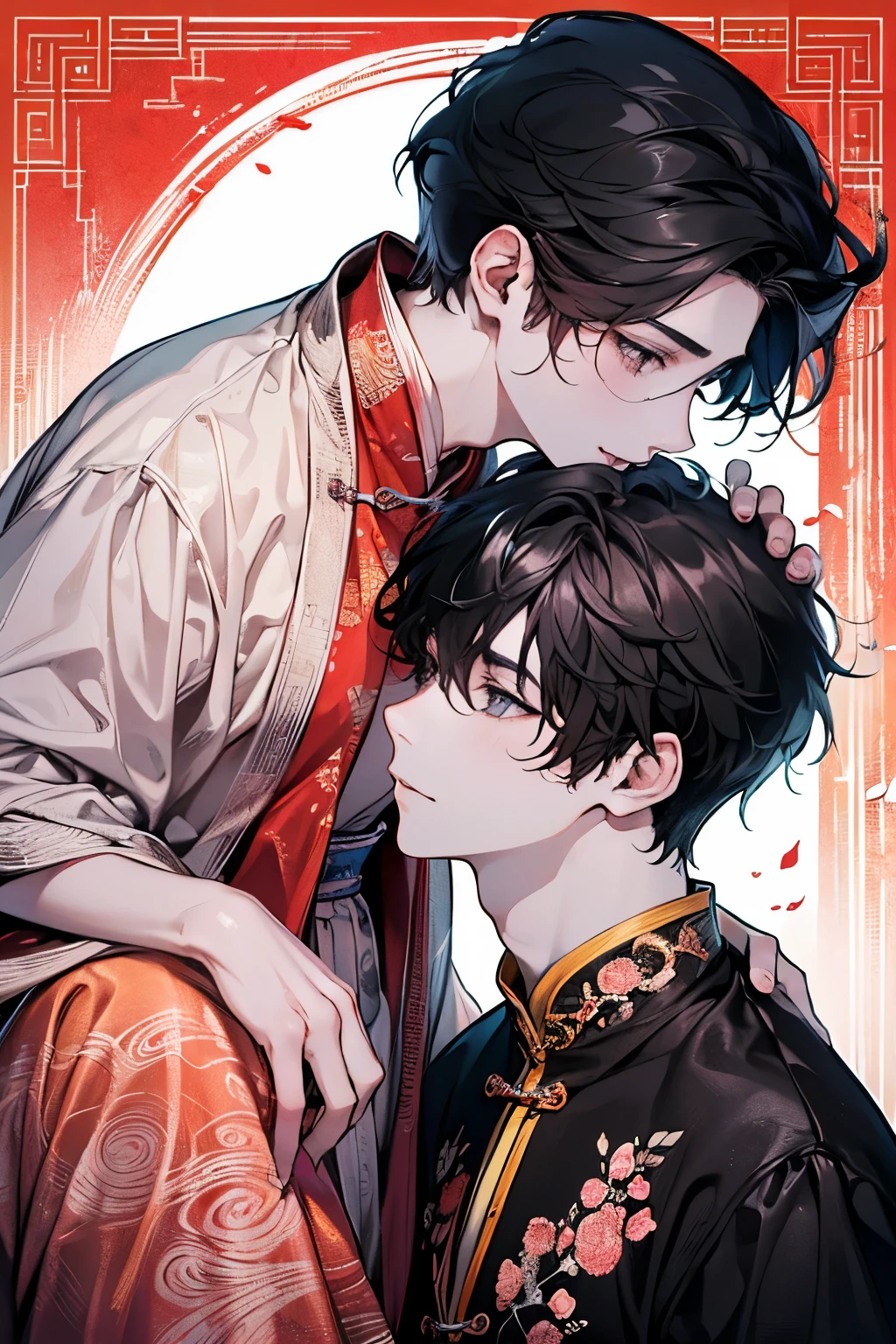 (Two men facing each other:1.45)、((Trying to kiss with your eyes closed:1.1)),((boys love:1.25)),(masterpiece、highest quality、highest quality、Beautiful and beautiful:1.2)、(Good anatomy:1.5)、Painting of a Man with milky blonde wave hair、Shy smile、Sparkling Eyes、looking down、strawberry pattern background、((long hair:1.2))、(black hair:1.45)、(black、pink、orange、yellow:1.2)、(Chinese hanfu concept:1.25)、((high quality view:1.2)),Close-up of face