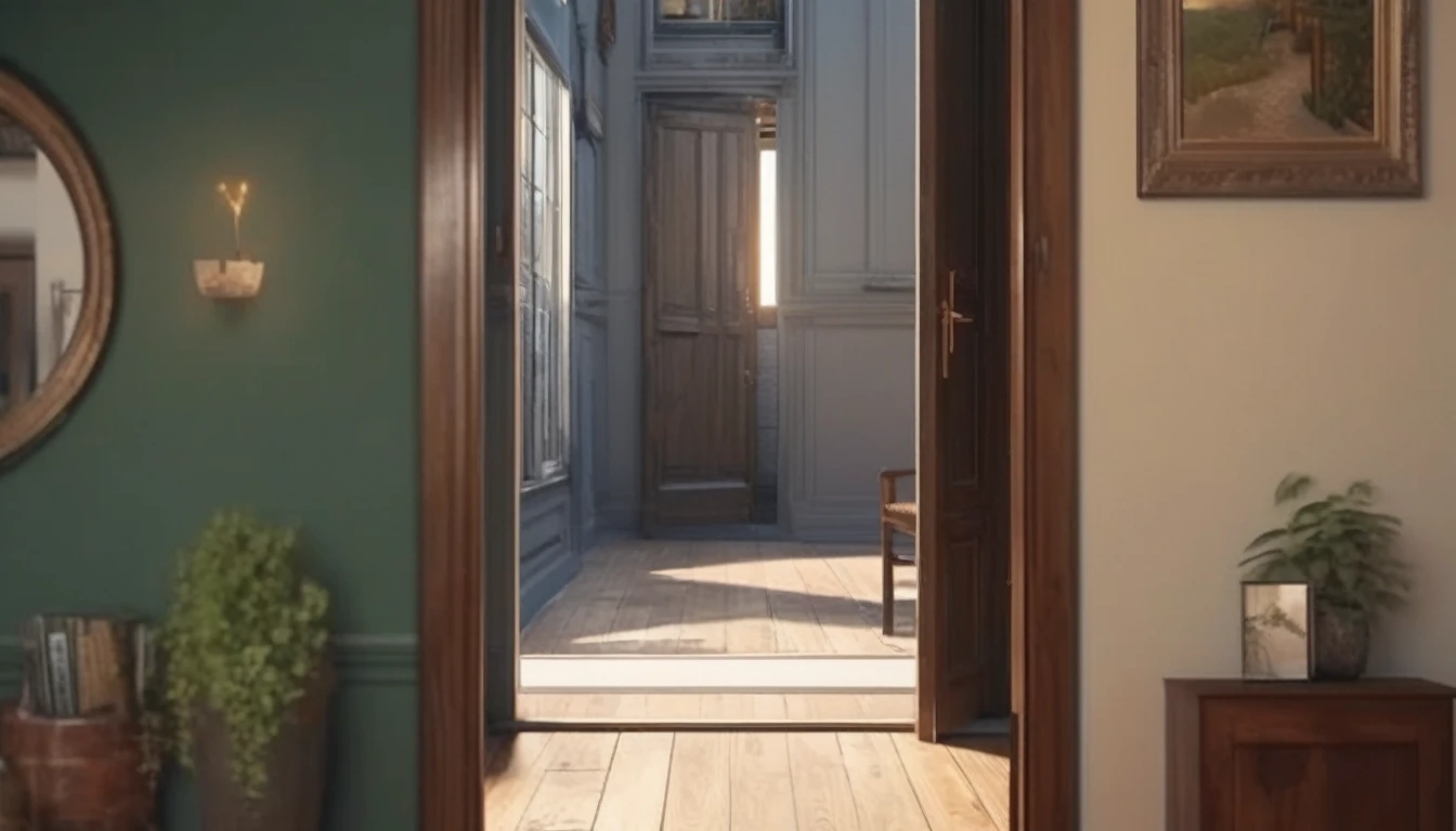(best quality, 4k, 8K, high resolution, masterpiece: 1.2), Very detailed, (nobody: 1.5), Outside the door,Open door, indoor,cozy indoor, lamp, bookshelf, Potted plants