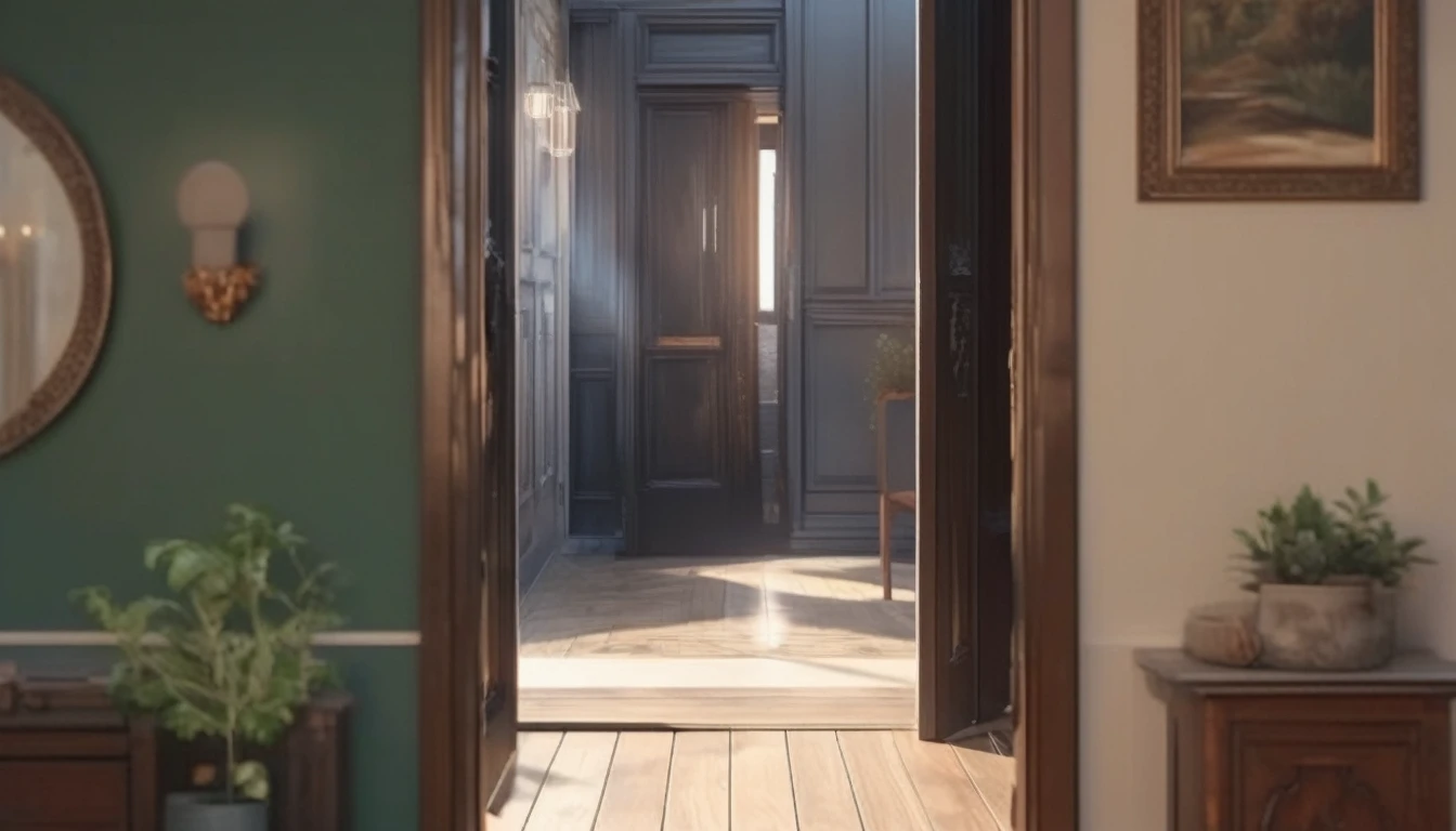 (best quality, 4k, 8K, high resolution, masterpiece: 1.2), Very detailed, (nobody: 1.5), Outside the door,Open door, indoor,cozy indoor, lamp, bookshelf, Potted plants