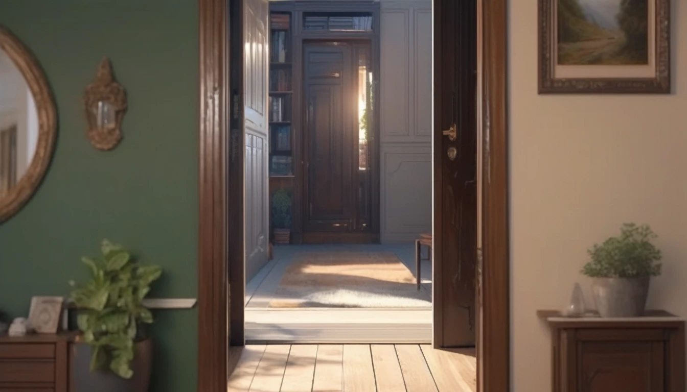 (best quality, 4k, 8K, high resolution, masterpiece: 1.2), Very detailed, (nobody: 1.5), Outside the door,Open door, indoor,cozy indoor, lamp, bookshelf, Potted plants