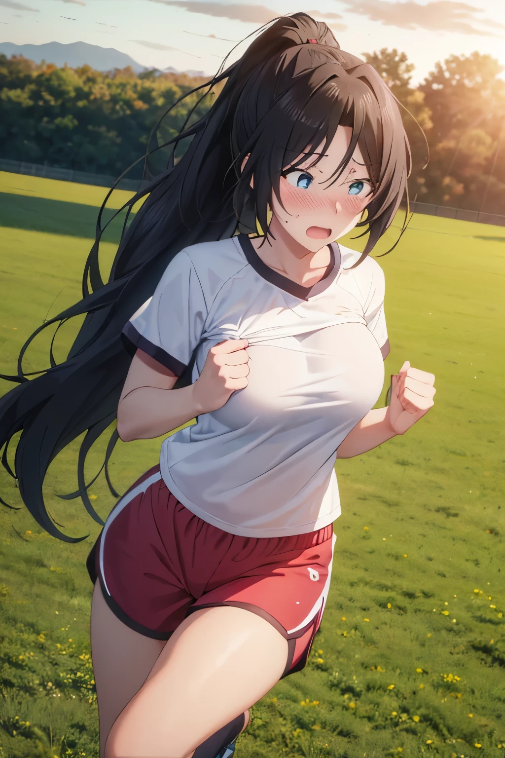 1 woman, long hair,ponytail,Surprised expression,blush,Looking down, black hair, blue eyes,Standing in the training ground, field, big breast,morning, bright sun, white sports t-shirt, red sport shorts, close up photo