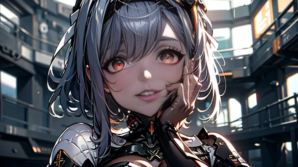 ((Best quality)), ((masterpiece)), (detailed:1.4), 3D, an image of a beautiful cyberpunk female, Yandere , Yandere Face , Trance , Trance Eyes , yameroyandere , constricted pupils , yandere , empty eyes . shaded face , crazy eyes , glowing red eyes , crazy smile , Marian , long silver hair , Black Dress , Red Eyes, Black undercloth, large breasts, HDR (High Dynamic Range),Ray Tracing,NVIDIA RTX,Super-Resolution,Unreal 5,Subsurface scattering,PBR Texturing,Post-processing,Anisotropic Filtering,Depth-of-field,Maximum clarity and sharpness,Multi-layered textures,Albedo and Specular maps,Surface shading,Accurate simulation of light-material interaction,Perfect proportions,Octane Render,Two-tone lighting,Wide aperture,Low ISO,White balance,Rule of thirds,8K RAW,