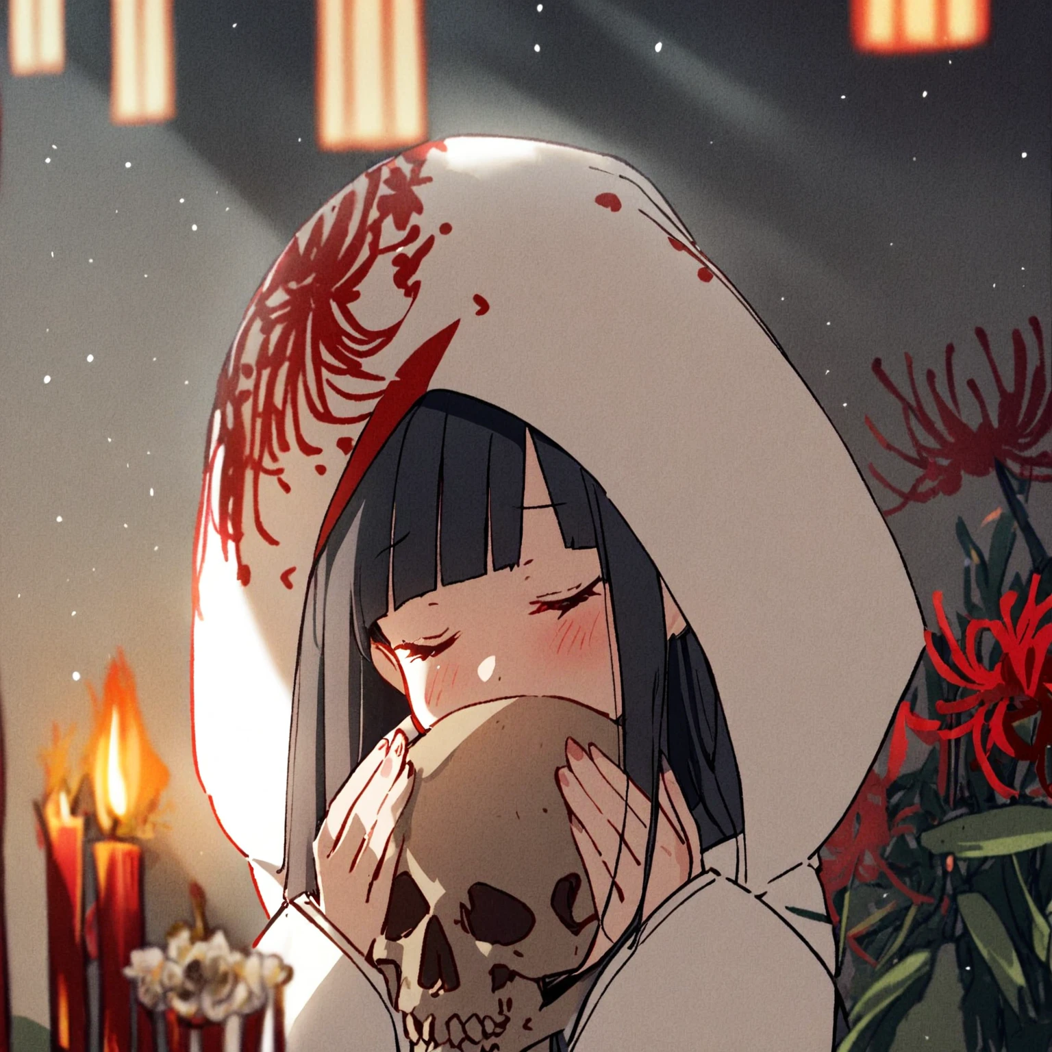 1girl、Black hair, long hair、straight hair、
white kimono,wedding,wataboushi,uchikake,standing,white hood,、shiromuku、 skull, cheeks to skull, red candle、red spider Lily、flower garden、evening,faint light、deep shadows