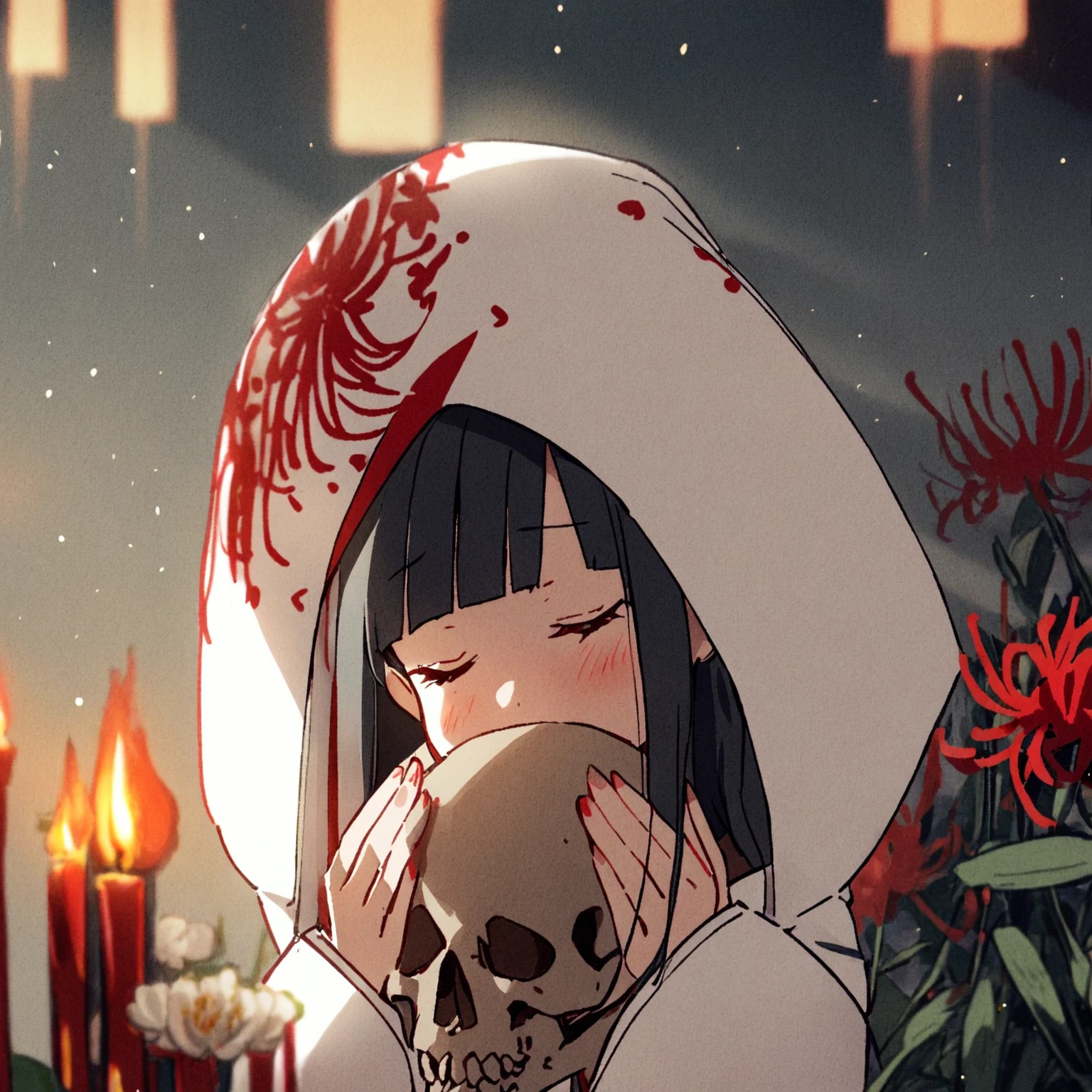 1girl、Black hair, long hair、straight hair、
white kimono,wedding,wataboushi,uchikake,standing,white hood,、shiromuku、 skull, cheeks to skull, red candle、red spider Lily、flower garden、evening,faint light、deep shadows