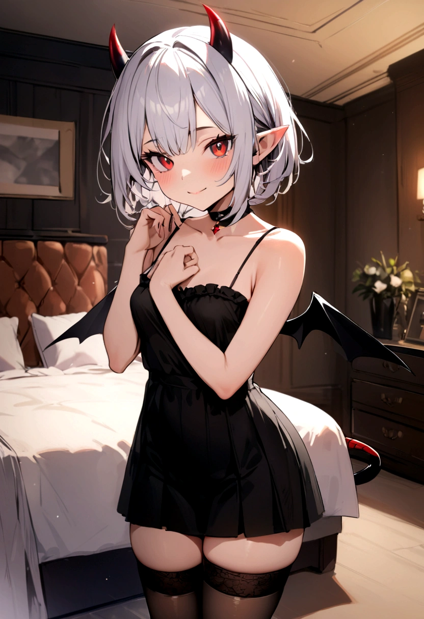 masterpiece, best quality, 1girl, solo, bangs, short hair, white hair, red eyes, smile, pointy ears, horns on the sides of her head, small wings, black pointy tail, small breasts, black choker, black camisole, short frilly camisole, black skirt, short skirt, sheer thigh highs, black high heels,, , looking at viewer, cowboyshot, bedroom background