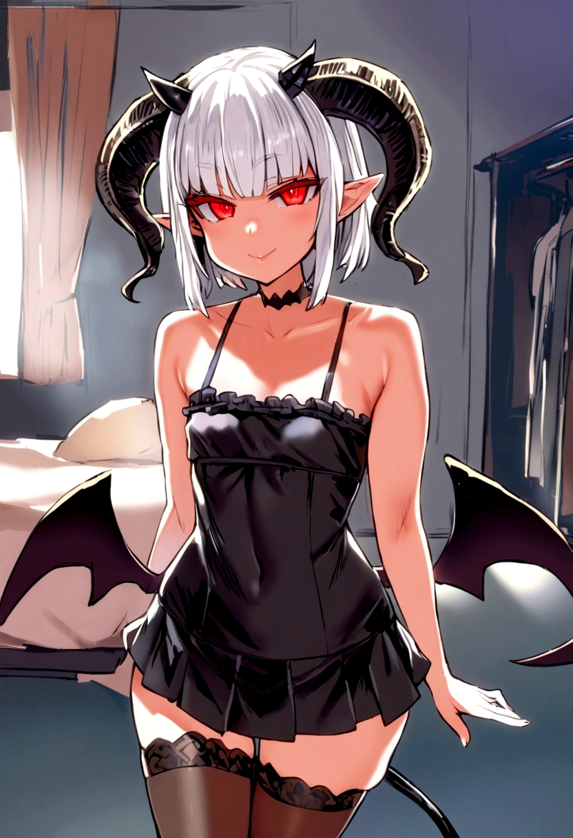 masterpiece, best quality, 1girl, solo, bangs, short hair, white hair, red eyes, smile, pointy ears, horns on the sides of her head, small wings, black pointy tail, small breasts, black choker, black camisole, short frilly camisole, black skirt, short skirt, sheer thigh highs, black high heels,, , looking at viewer, cowboyshot, bedroom background