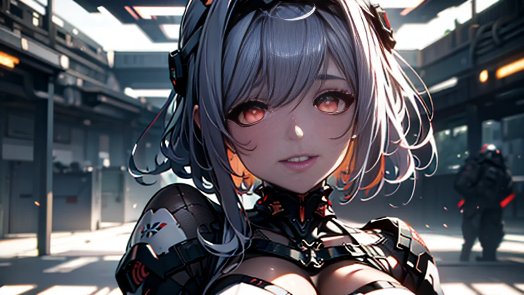 ((Best quality)), ((masterpiece)), (detailed:1.4), 3D, an image of a beautiful cyberpunk female, Yandere , Yandere Face , Trance , Trance Eyes , yameroyandere , constricted pupils , yandere , empty eyes . shaded face , crazy eyes , glowing red eyes , crazy smile , Marian , long silver hair , Black Dress , Red Eyes, Black undercloth, large breasts, HDR (High Dynamic Range),Ray Tracing,NVIDIA RTX,Super-Resolution,Unreal 5,Subsurface scattering,PBR Texturing,Post-processing,Anisotropic Filtering,Depth-of-field,Maximum clarity and sharpness,Multi-layered textures,Albedo and Specular maps,Surface shading,Accurate simulation of light-material interaction,Perfect proportions,Octane Render,Two-tone lighting,Wide aperture,Low ISO,White balance,Rule of thirds,8K RAW,