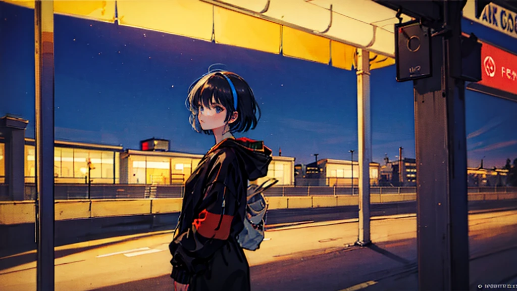 Black short Hair, night, black jacket, One Woman, street, Headphone, night city