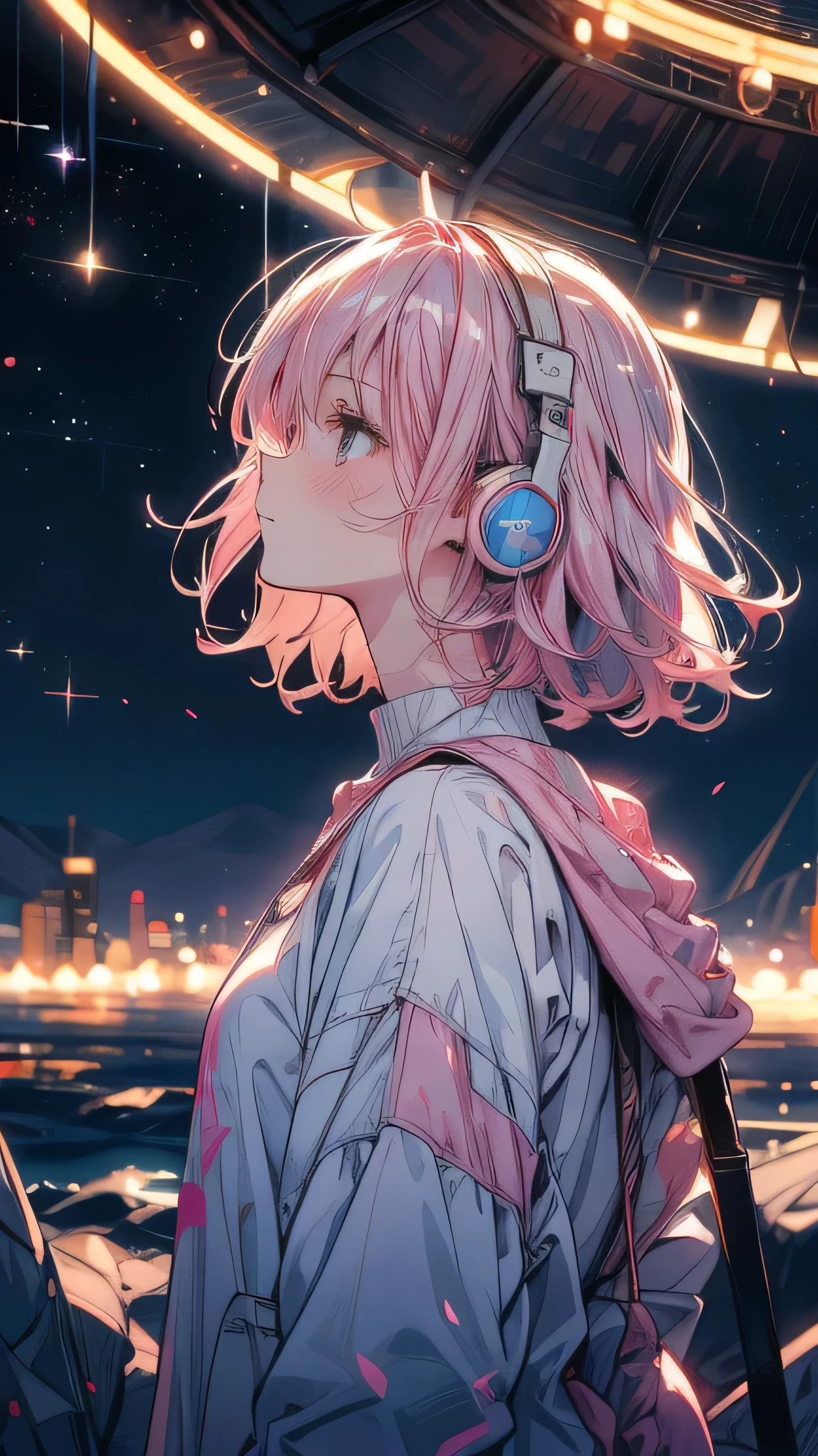 Pink Hair，White underwear，night starry sky background，Sad expression，Double Tail,headphone,night,moon,Star,meteor,Looking up at the stars,Full moon,Many Stars,milky way