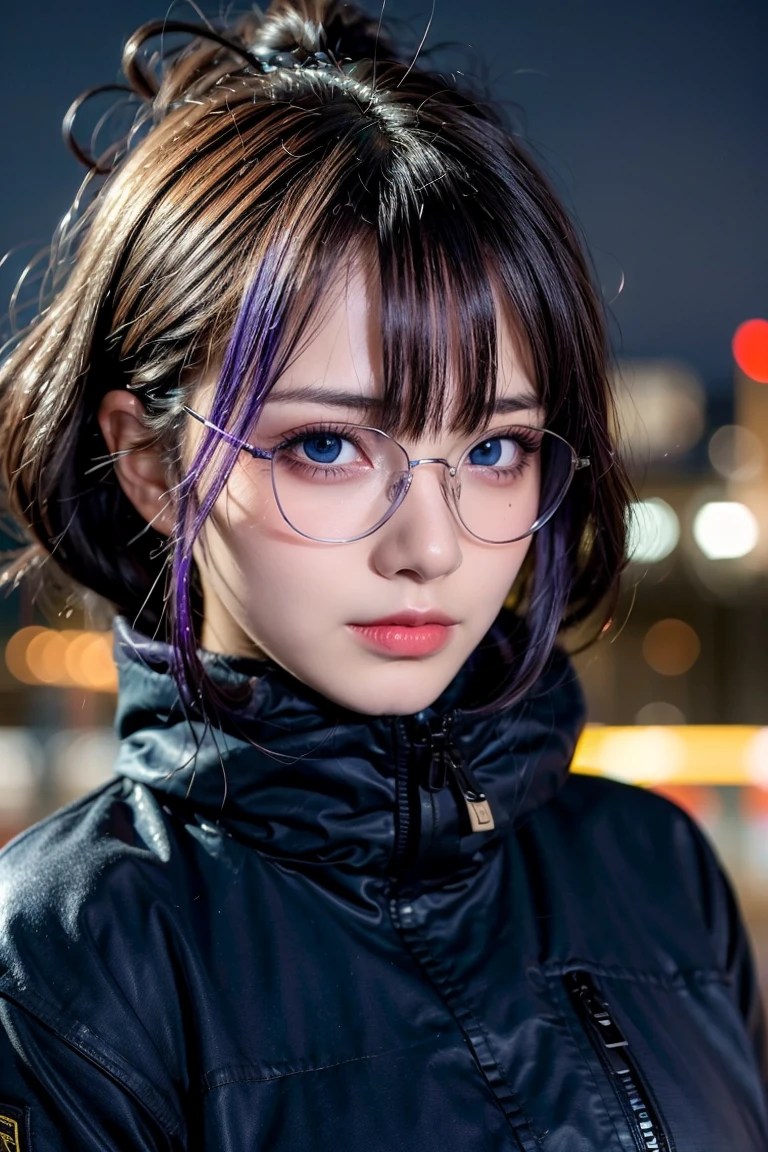 ((best quality)), ((masterpiece)), (detailed), perfect face, 1 girl, purple hair, blue beautiful eyes, tactical gear, military, city. Night, winter, glasses