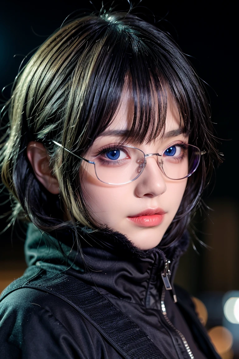 ((best quality)), ((masterpiece)), (detailed), perfect face, 1 girl, purple hair, blue beautiful eyes, tactical gear, military, city. Night, winter, glasses