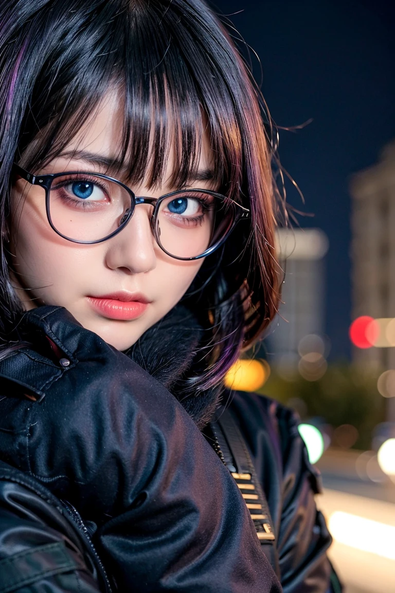 ((best quality)), ((masterpiece)), (detailed), perfect face, 1 girl, purple hair, blue beautiful eyes, tactical gear, military, city. Night, winter, glasses