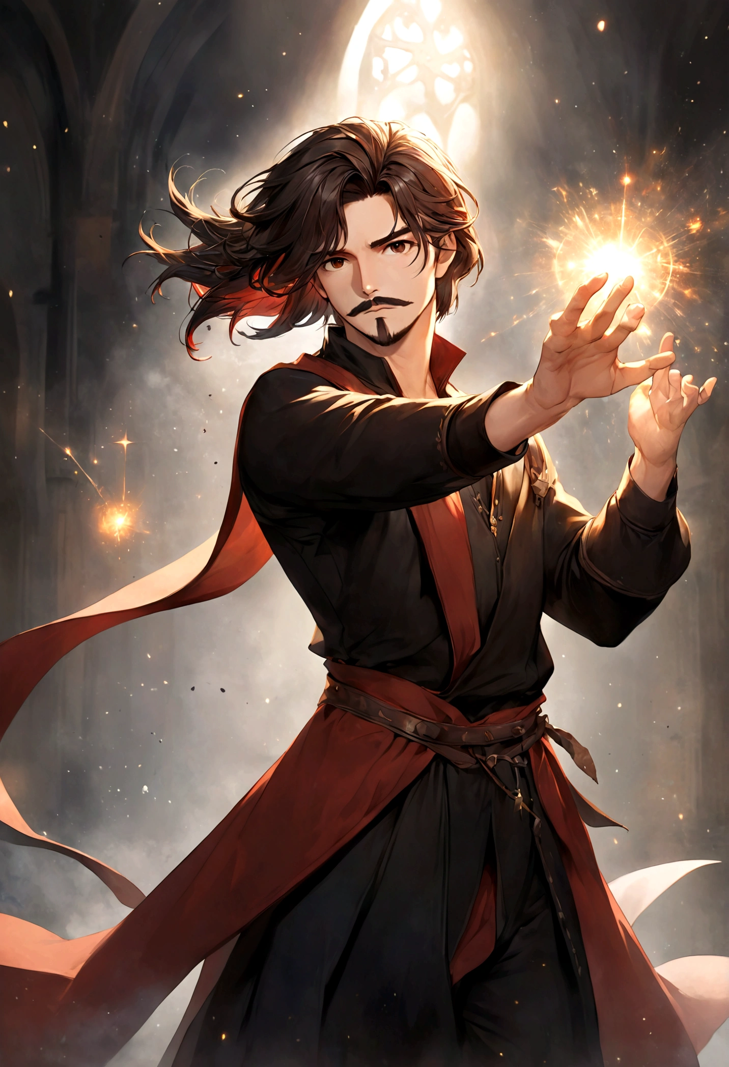 (tunic with red and black colors for men), ), ((bigote estilo Van Dyke y (barba de chivo) "Van Dyke", Van Dyke beard)), (light brown eyes), Aspecto atractivo y serio, ((cabello muy largo oscuro, messy hair)), Elegante y con estilo, magician style tunic, A mature man of 40 years old similar to actor Jim Morrison with long hair, ((cabello muy largo)), (Imagen realista y de alta calidad), laboratorio medieval, ((La mejor calidad, 8K, obra maestra).((dynamic pose with spells in hand with particles and looking forward, viendo al espectador)), (cabello largo pasando los hombros)