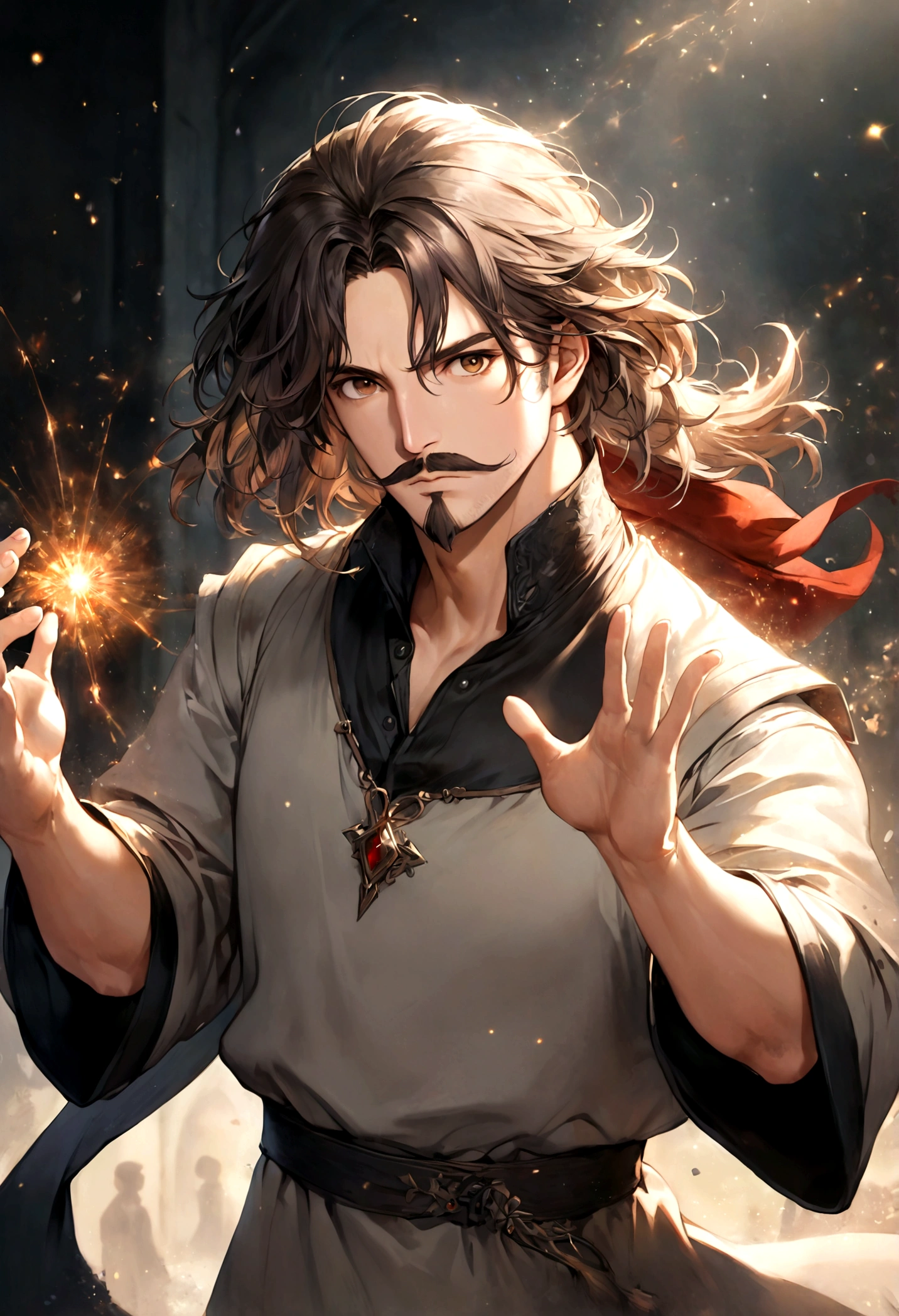 (tunic with red and black colors for men), ), ((bigote estilo Van Dyke y (barba de chivo) "Van Dyke", Van Dyke beard)), (light brown eyes), Aspecto atractivo y serio, ((cabello muy largo oscuro, messy hair)), Elegante y con estilo, magician style tunic, A mature man of 40 years old similar to actor Jim Morrison with long hair, ((cabello muy largo)), (Imagen realista y de alta calidad), laboratorio medieval, ((La mejor calidad, 8K, obra maestra).((dynamic pose with spells in hand with particles and looking forward, viendo al espectador)), (cabello largo pasando los hombros)