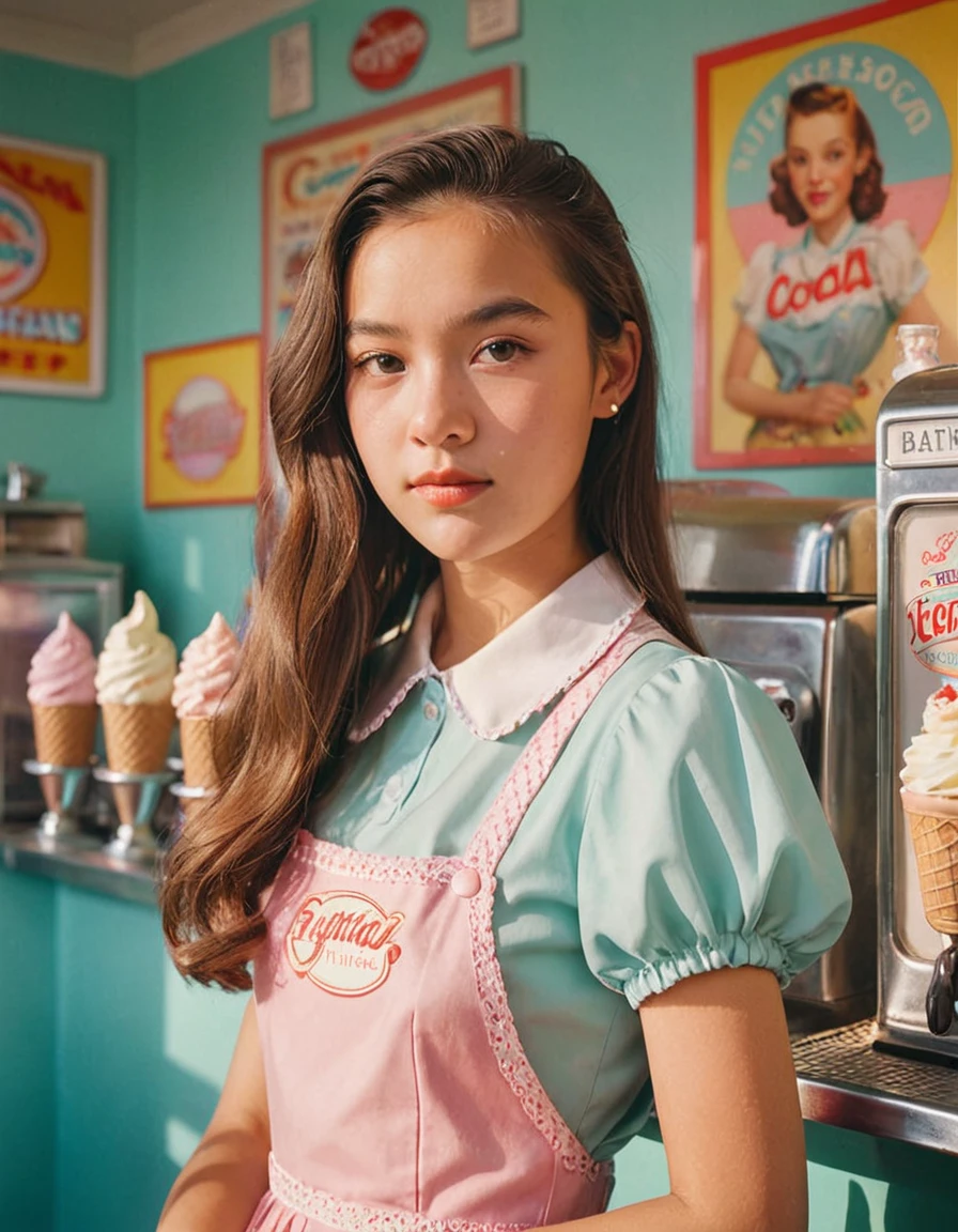 Portrait MagMix Girl looking at the camera, long hair, Bib dress, Retro style ice cream shop with pastel colored walls., Classic soda fountain counter, and vintage ice cream posters, Bathed in warm sunlight, analog film photography, Codachrome.
