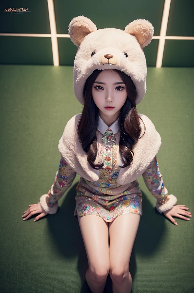 (masterpiece:1.4), (best quality:1.4), extremely detailed, intricate, hyper detailed, (PERFECT FACE), illustration,soft lighting, full_body, 1girl, lonely, Ao hair, colorful, colorized, from_above ,bear_costume , prison
