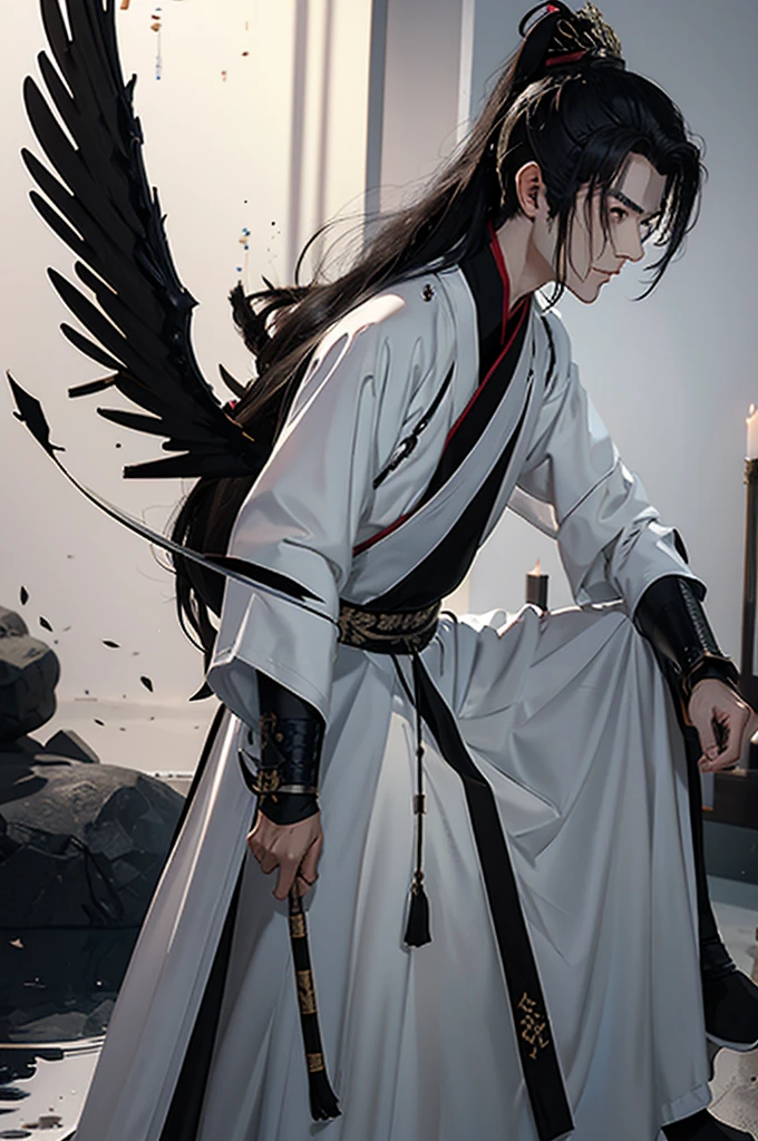 chinese man, hanfu, cultivator, quadratic element，anime style，one person（male warrior），The proportions are correct, face details，swordsmen，high ponytail hairstyle，Neck details，（Positive focus），（ in the dark night：1），（best quality），（fidelity：1），movie releases，realistic skin textures，highly detailed，8k wallpaper，volumetric lighting，dynamic lighting，a man，long tail hair black horse，long white robe，white sash，A small amount of armor，Shoulder blades，Waist guard，Hand guard，Ancient Chinese wind，attack pose，blood stain，torn clothing，Ancient Chinese battlefield，Arrows fly，there is a lot of war，the night，dramatic composition，Sword qi surrounding，The image is rich in details.，karo，light，The clothes are complicated，perfect composition，refinement，high quality，higher details，many details，The background is complex，a sense of atmosphere，Game quality，Fencing，Light and shadow tracking，Ray tracing，detailed glow，CG rendering，hair detail，