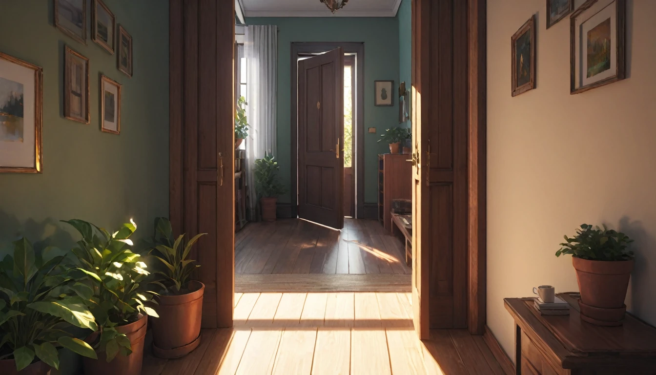 (best quality, 4k, 8K, high resolution, masterpiece: 1.2), Very detailed, (nobody: 1.5), Outside the door，Open door， indoor，cozy indoor, lamp, bookshelf, Potted plants，Sunlight