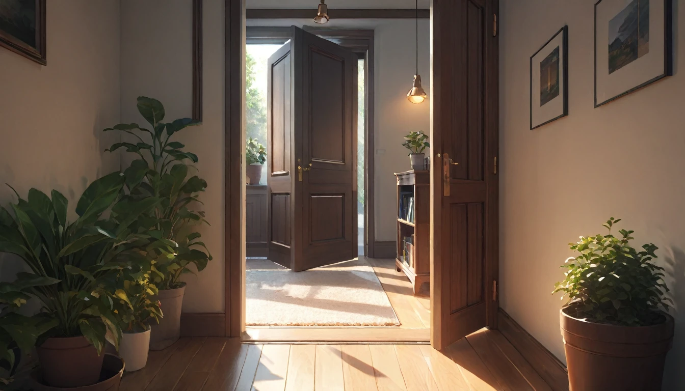 (best quality, 4k, 8K, high resolution, masterpiece: 1.2), Very detailed, (nobody: 1.5), Outside the door，Open door， indoor，cozy indoor, lamp, bookshelf, Potted plants，Sunlight