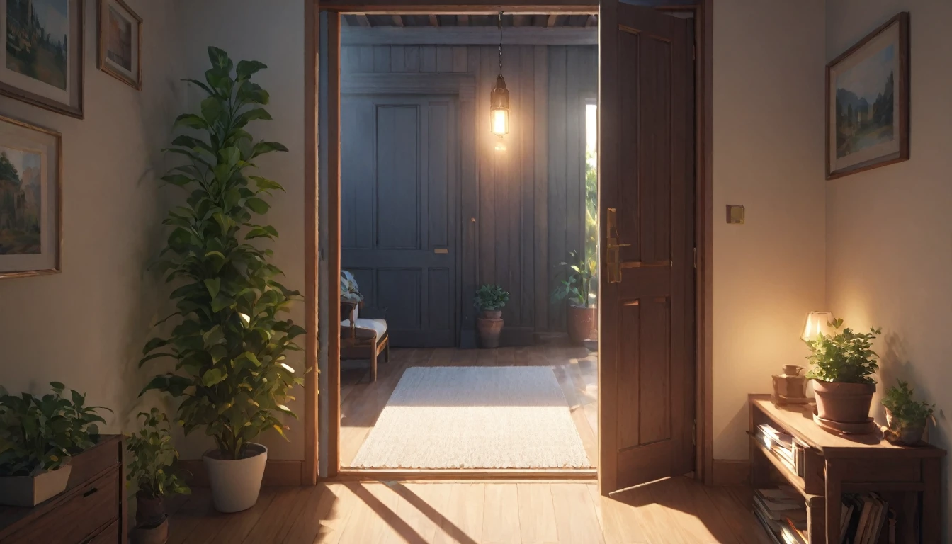 (best quality, 4k, 8K, high resolution, masterpiece: 1.2), Very detailed, (nobody: 1.5), Outside the door，Open door， indoor，cozy indoor, lamp, bookshelf, Potted plants，Sunlight