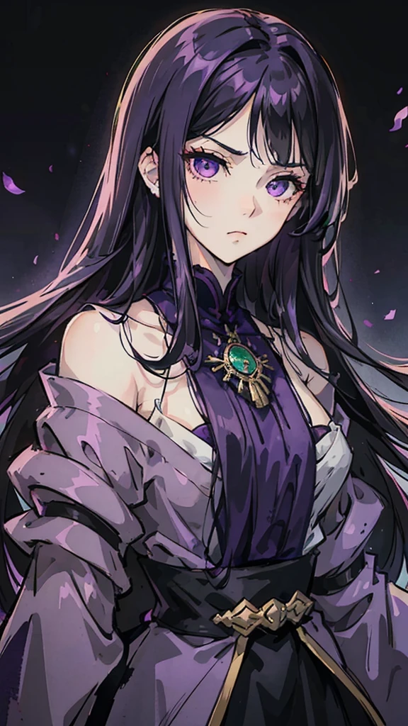 Woman , long dark purple hair, long dark purple hair, hime cut hairstyle, hime cut hairstyle, emerald eyes, emerald eyes, FOV, f1.8, masterpiece, front portrait shot, black and dark purple casual clothing, plain dark purple colored background, serious face, fierce face, front full bangs