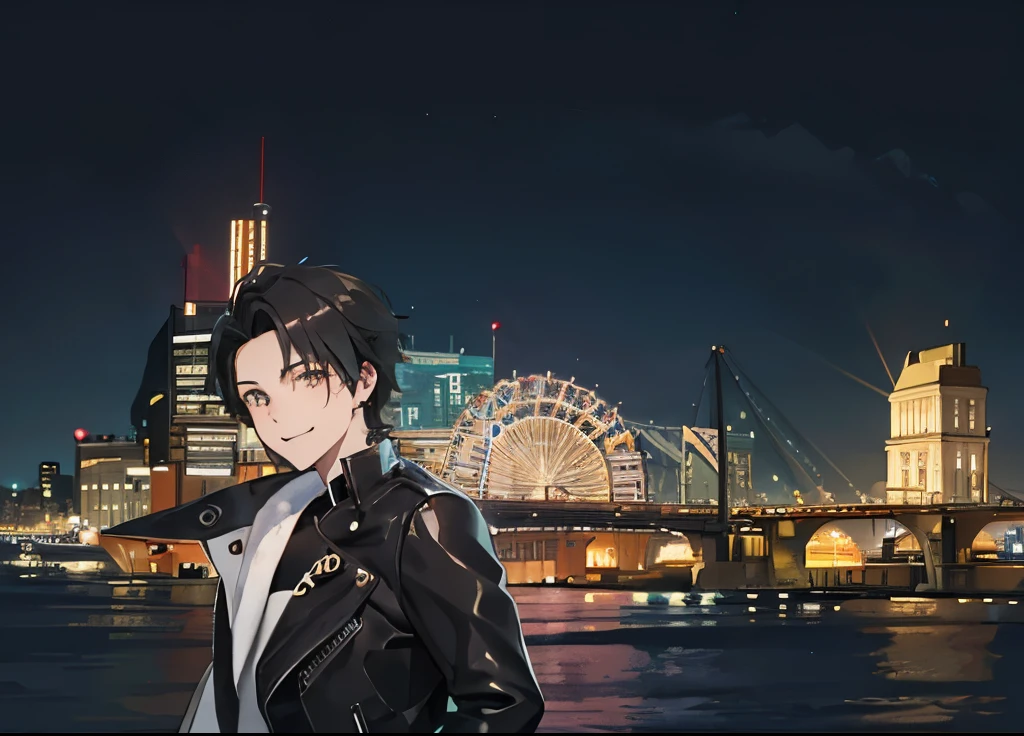 Highest quality、High resolution、、smile、profile、Night view、Ocean、Ferris wheel、Wearing a black leather jacket、Black Hair、1 male