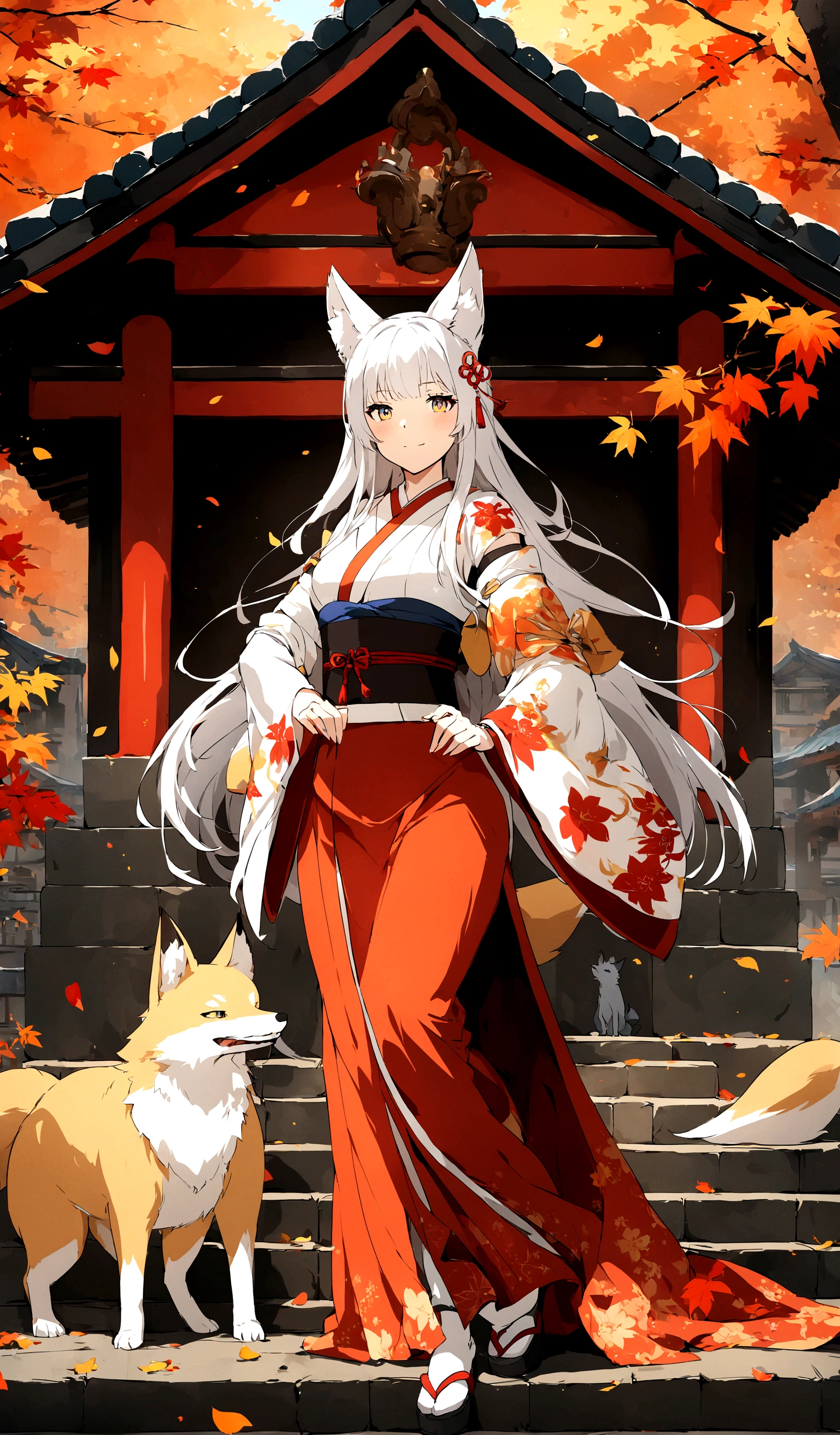 Anime Characters，There is a dog and a house in the background, 白毛fox, fox和灌木, fox, a beautiful fox woman, 美麗的fox女士, White Fox Animation, fox three - tailed fox, fox holding torch, colorful fox city, White-haired deity, fox inspired armor, Holo is a wolf girl