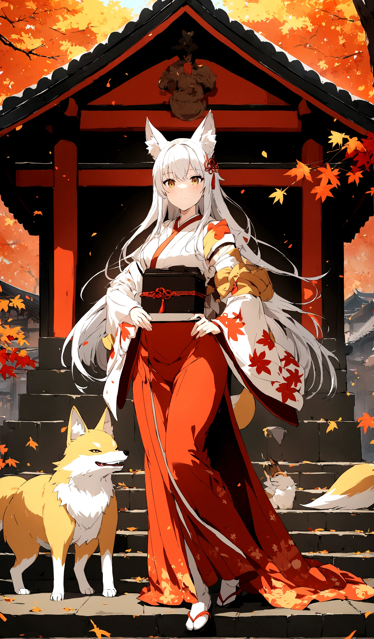 Anime Characters,There is a dog and a house in the background, 白毛fox, fox和灌木, fox, a beautiful fox woman, 美麗的fox女士, White Fox Animation, fox three - tailed fox, fox holding torch, colorful fox city, White-haired deity, fox inspired armor, Holo is a wolf girl