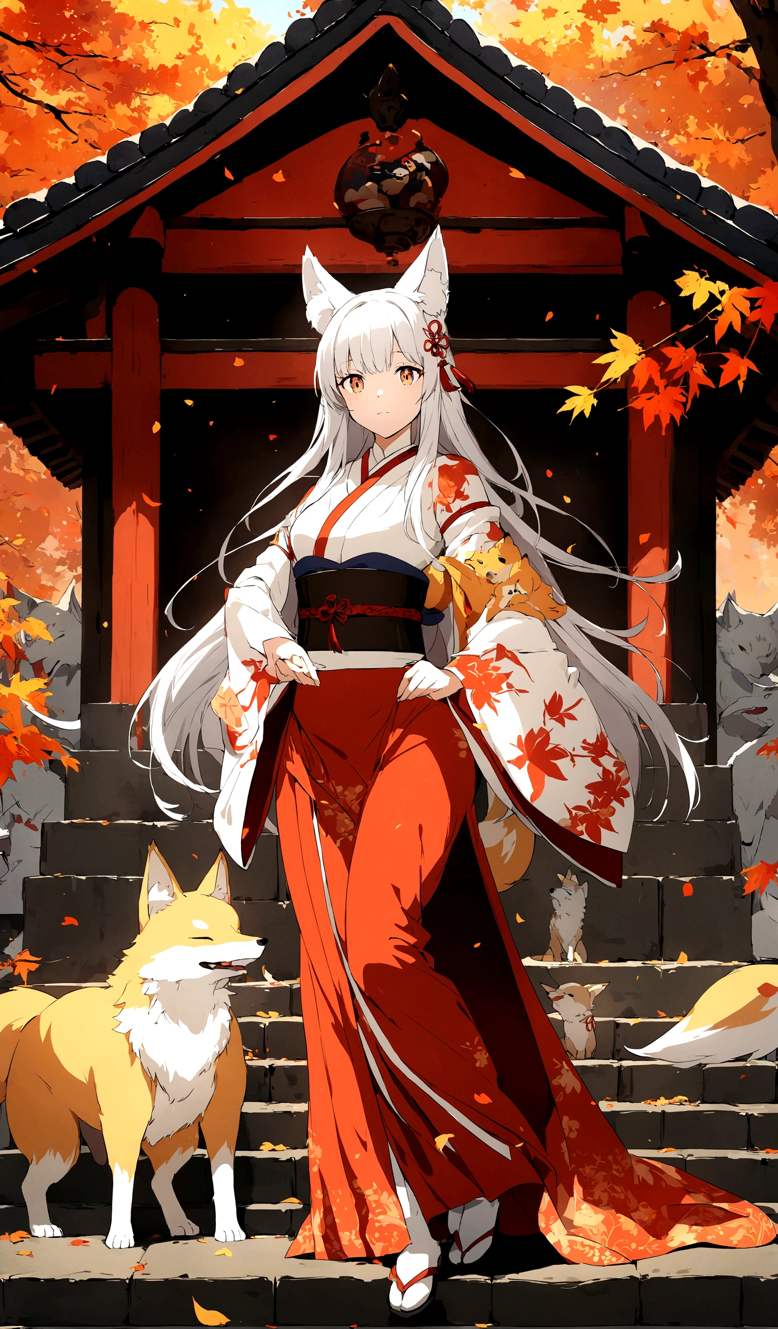 Anime Characters，There is a dog and a house in the background, 白毛fox, fox和灌木, fox, a beautiful fox woman, 美麗的fox女士, White Fox Animation, fox three - tailed fox, fox holding torch, colorful fox city, White-haired deity, fox inspired armor, Holo is a wolf girl