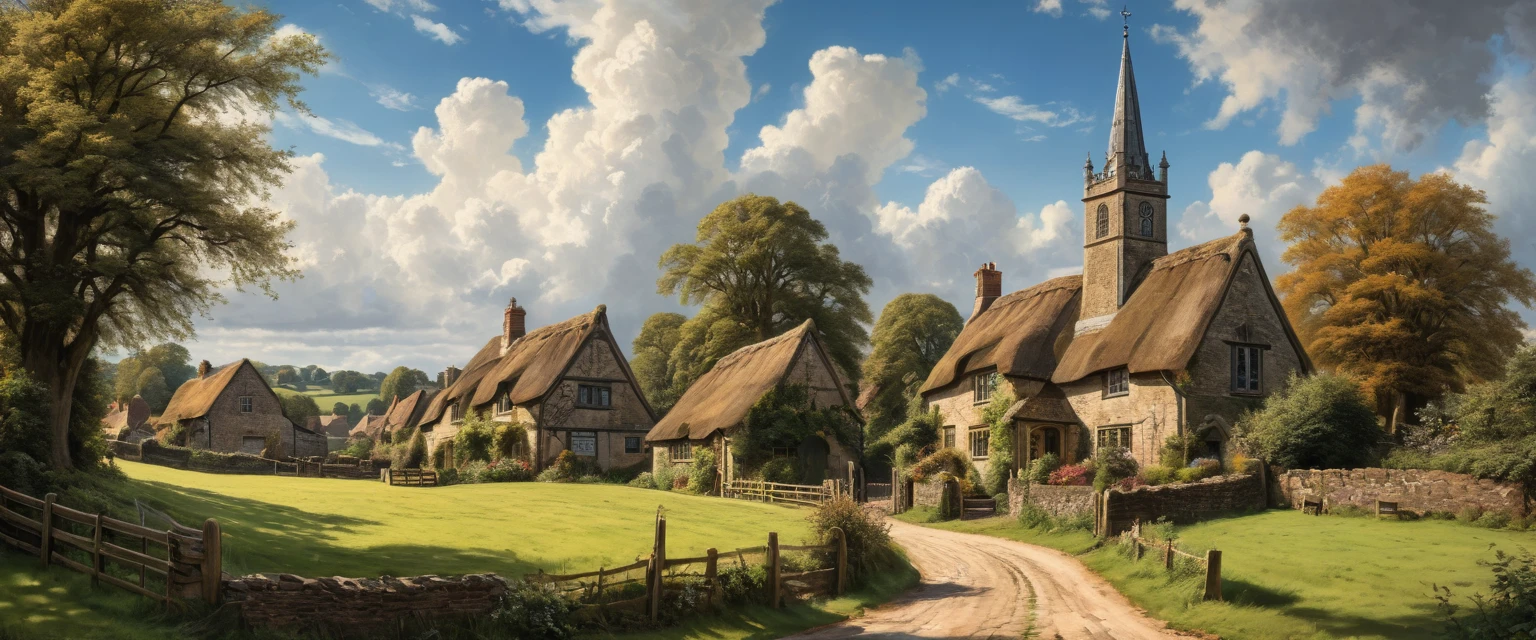 a beautiful detailed countryside landscape, rolling green hills, a quaint old english town, village, thatched roof cottages, cobblestone streets, an old tudor tavern, a majestic Clock tower,fluffy clouds in a blue sky, warm golden sunlight, intricate foliage details, charming rustic atmosphere, a beautiful country church, (best quality,8k,hyperrealistic,masterpiece:1.2),incredibly detailed,ultra-detailed,photorealistic,cinematic lighting,dramatic shadows,vibrant colors,oil painting,by John Constable,extremely aesthetic compositio