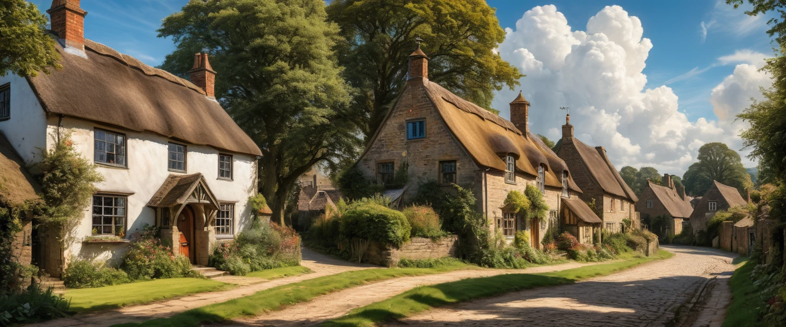 a beautiful detailed countryside landscape, rolling green hills, a quaint old english town, village, thatched roof cottages, cobblestone streets, an old tudor tavern, a majestic Clock tower,fluffy clouds in a blue sky, warm golden sunlight, intricate foliage details, charming rustic atmosphere, a beautiful country church, (best quality,8k,hyperrealistic,masterpiece:1.2),incredibly detailed,ultra-detailed,photorealistic,cinematic lighting,dramatic shadows,vibrant colors,oil painting,by John Constable,extremely aesthetic compositio