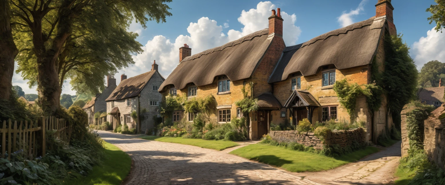 a beautiful detailed countryside landscape, rolling green hills, a quaint old english town, village, thatched roof cottages, cobblestone streets, an old tudor tavern, a majestic Clock tower,fluffy clouds in a blue sky, warm golden sunlight, intricate foliage details, charming rustic atmosphere, a beautiful country church, (best quality,8k,hyperrealistic,masterpiece:1.2),incredibly detailed,ultra-detailed,photorealistic,cinematic lighting,dramatic shadows,vibrant colors,oil painting,by John Constable,extremely aesthetic compositio