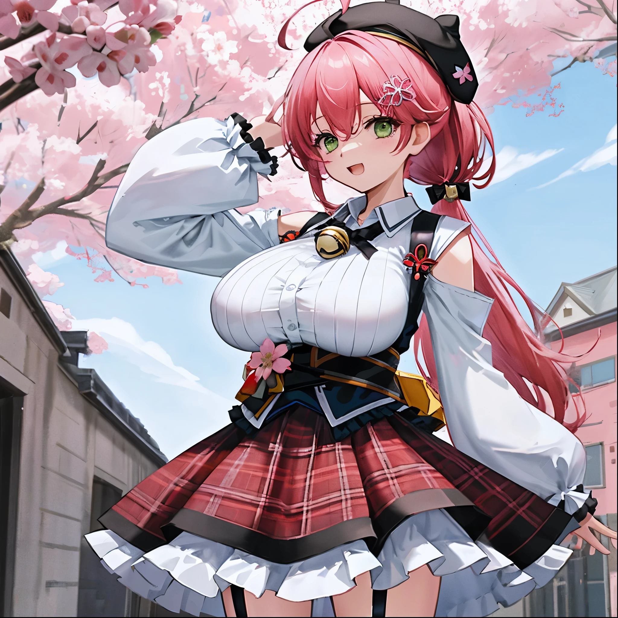 masutepiece, Best_Quality, hight_resolution, miko2,Ponytail, 1girl, Green eyes, Ahoge, black headwear, Hair Ornament, White shirt, black thighhighs, Pink hair, Red_skirt, very_short_skirt, plaid skirts, garter_strap, Collared shirt, hair clips, frilld, Bangs, hair between eye, frills skirt, beret, Pleated skirt, Hair Flower, Neck bell, , puffy long sleeves, Black bow, Underbust, Cowboy Shot,Smile, (gigantic_breasts:1.3),covered_nipples, covered_pussy,close_eyes, happy, childlike_posing,spread_legs,smile,cherryblossom_background,
