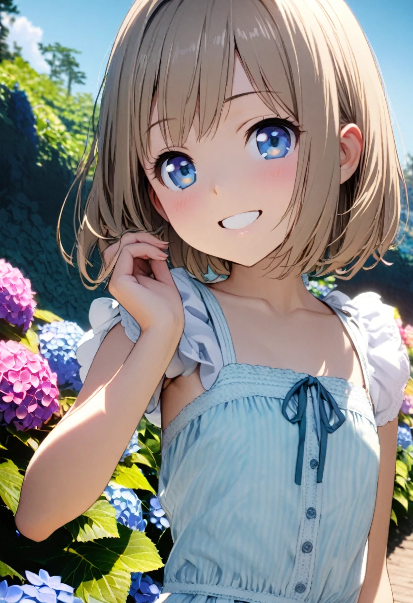 1 girl, 18yo, (flat chest: 1.5), blue eyes, light brown hair, bob cut, early summer outfit, smiling, posing, having fun, upper body, hydrangea garden with many colorful hydrangeas blooming on a slope, path, blue sky, 8k, RAW photo, best quality, masterpiece, extremely detailed 8k wallpaper, ultra-detailed, best shadow, detailed background, beautiful detailed face, beautiful detailed eyes, nice hands, perfect hands