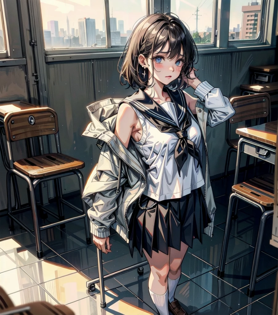 full body, earring, medium hair, medium tits, tearful mole, school_uniform, sailor uniform, sleeveless, school, classroom,
