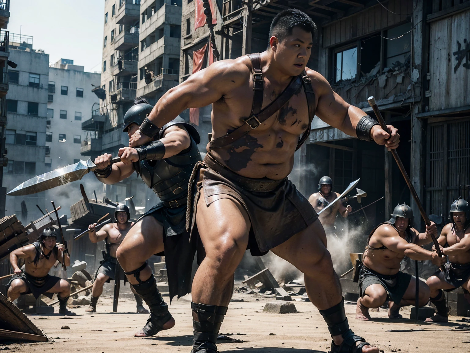looking at us, Staring Intently, face focus, Bandit, Fat ferocious barbarian:2, This barbarian is a robust stocky Japanese, smirking, mid combat, intense battle scene, leather and iron armor, armored short skirt, holding a Viking War Axes, viking helmet, legs exposed from thighs to feet, fierce warriors, ancient battlefields, epic showdown, battleground background, breathtaking action, masterpiece, volumetric lighting, Dramatic, Uighur the Warden, breathtaking action, dynamic poses, bald, ((ultra sharp)), ((masterpiece)), ((best quality)), ((ultra detailed)), ((intricate details)), Inguinal region detailed, Dilapidated, destroyed city after big air raids, fire, A desolate, post-apocalyptic cityscape, A brutal scene, casting an ominous shadow,